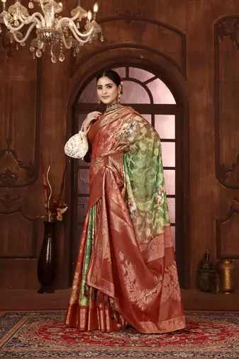 pista silk blend woven work saree with unstitched blouse piece
