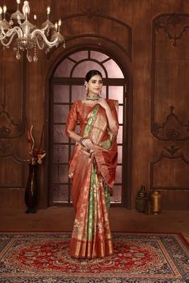 pista silk blend woven work saree with unstitched blouse piece 4