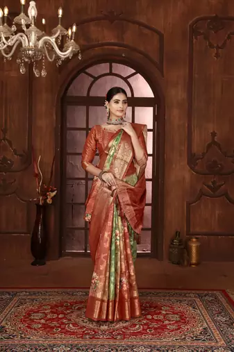 pista silk blend woven work saree with unstitched blouse piece