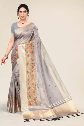 grey cotton embroidered work saree with unstitched blouse piece