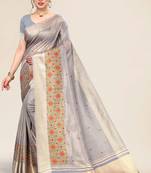 grey cotton embroidered work saree with unstitched blouse piece