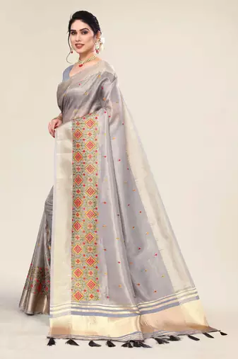 grey cotton embroidered work saree with unstitched blouse piece