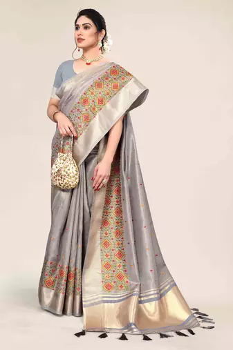 grey cotton embroidered work saree with unstitched blouse piece