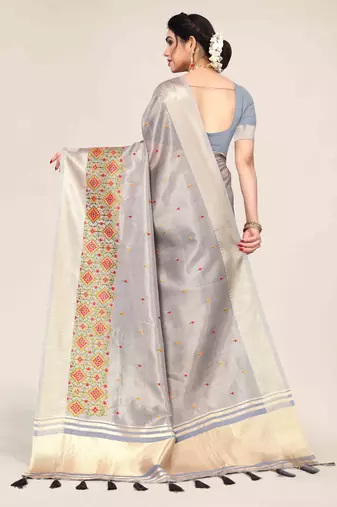 grey cotton embroidered work saree with unstitched blouse piece