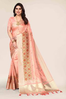 peach cotton embroidered work saree with unstitched blouse piece 1