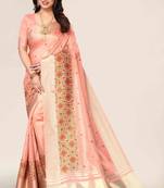 peach cotton embroidered work saree with unstitched blouse piece