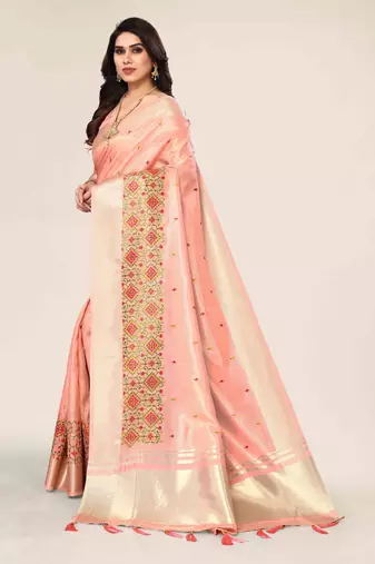 peach cotton embroidered work saree with unstitched blouse piece
