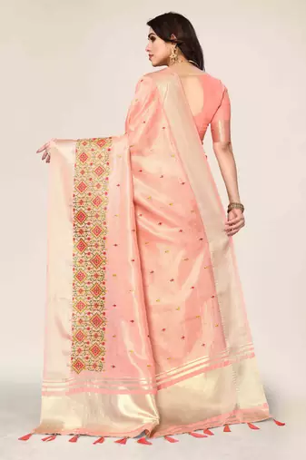 peach cotton embroidered work saree with unstitched blouse piece