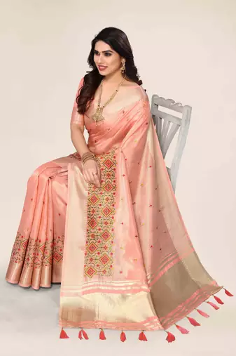peach cotton embroidered work saree with unstitched blouse piece