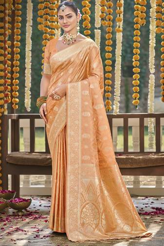 orange satin silk woven work festival tassle saree