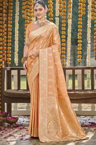 orange satin silk woven work festival tassle saree