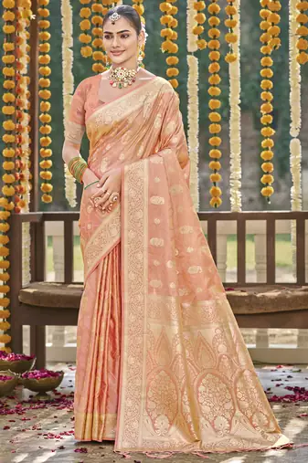 peach satin silk woven work festival tassle saree