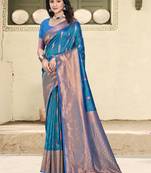blue silk woven work festival tassle saree