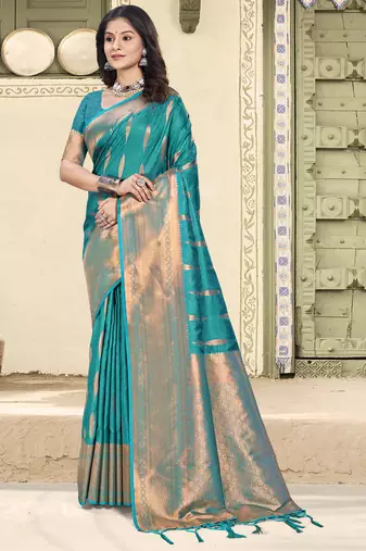 sky blue silk woven work festival tassle saree