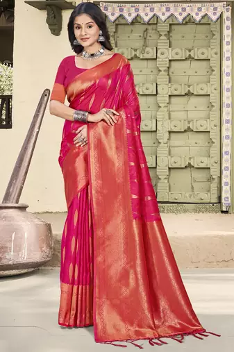 pink silk woven work festival tassle saree