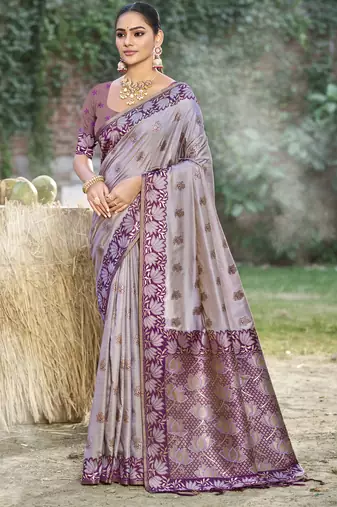 grey silk woven work festival tassle saree