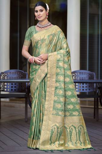 rama green satin silk woven zari work festival tassle saree