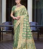 rama green satin silk woven zari work festival tassle saree