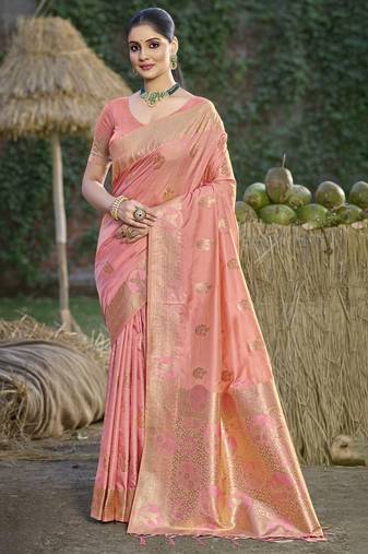 peach silk woven work festival tassle saree