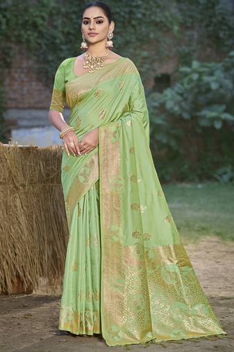 light green silk woven work festival tassle saree