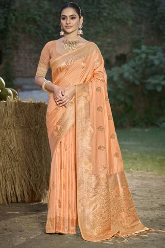 orange silk woven work festival tassle saree