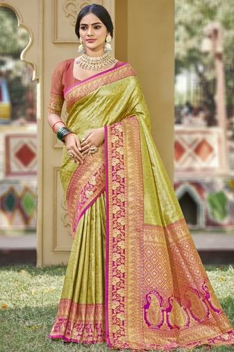 mhendi green banarasi silk woven work festival tassle saree