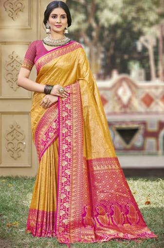 yellow banarasi silk woven work festival tassle saree