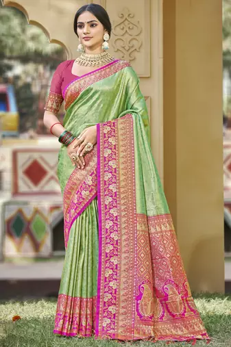 light green banarasi silk woven work festival tassle saree