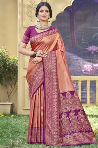 peach banarasi silk woven work festival tassle saree