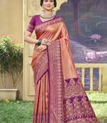 peach banarasi silk woven work festival tassle saree