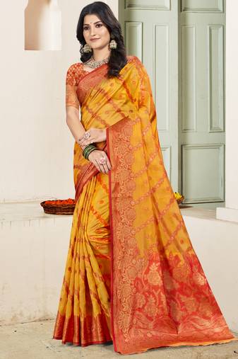 yellow silk woven work festival tassle saree