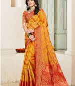 yellow silk woven work festival tassle saree
