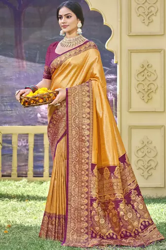 mustard banarasi silk woven work festival tassle saree