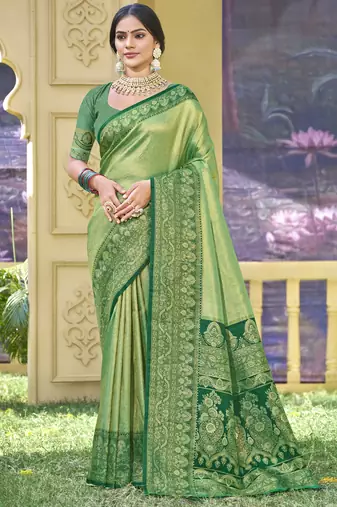 light green banarasi silk woven work festival tassle saree