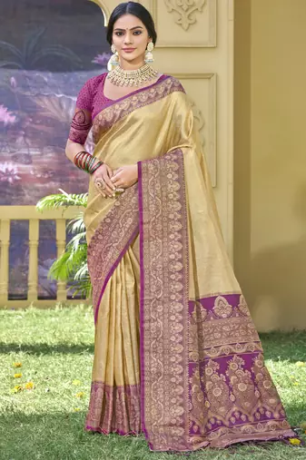 cream banarasi silk woven work festival tassle saree