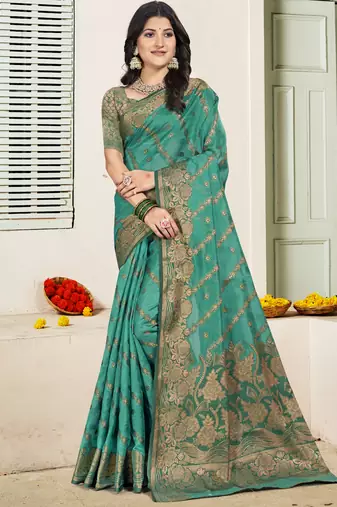 sea green silk woven work festival tassle saree