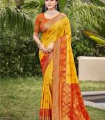 yellow silk woven work festival tassle saree