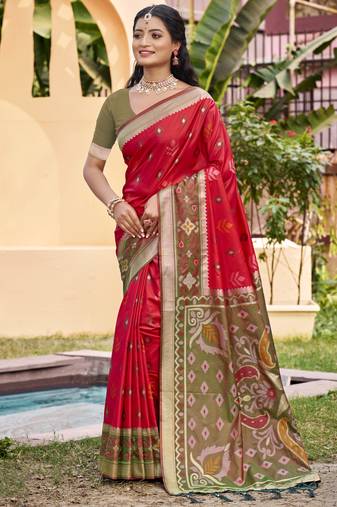 red silk woven work festival tassle saree