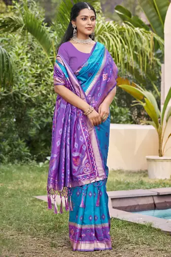 sky blue silk woven work festival tassle saree