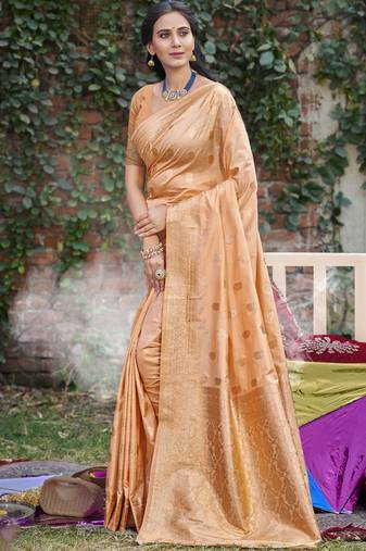 peach silk woven work festival tassle saree