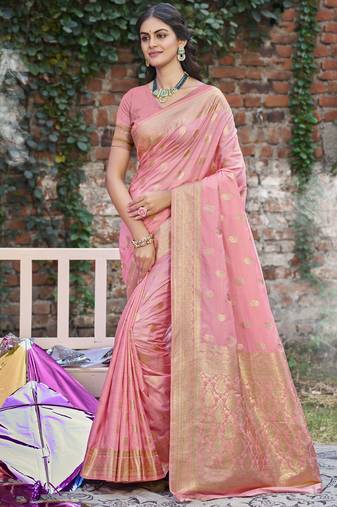 light pink silk woven work festival tassle saree