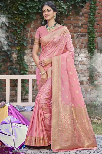 light pink silk woven work festival tassle saree