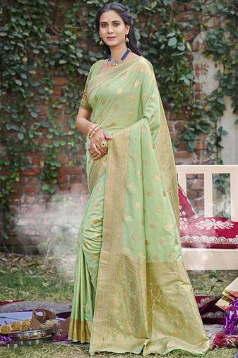 light green silk woven work festival tassle saree