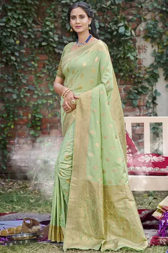 light green silk woven work festival tassle saree