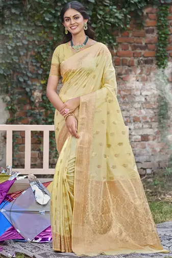 light yellow silk woven work festival tassle saree