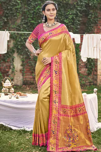 mustard paithani silk woven work festival tassle saree