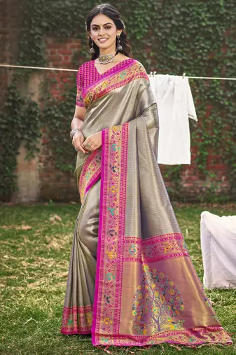 grey paithani silk woven work festival tassle saree