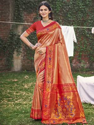 peach paithani silk woven work festival tassle saree 1