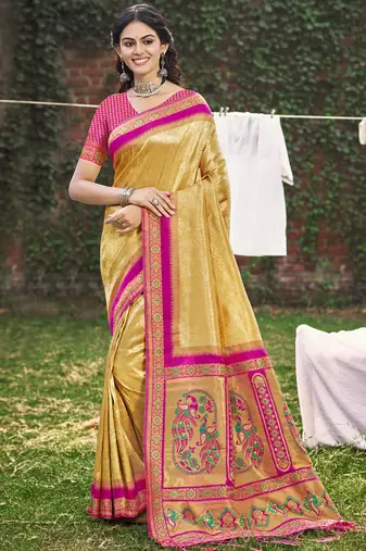 cream banarasi silk woven work festival tassle saree