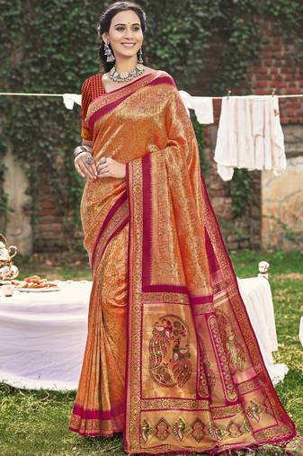 orange banarasi silk woven work festival tassle saree